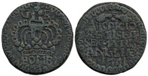 Bombay, Tin 2 Pice, 28.67g, large crown and BOMB written below on obv., AUSFICIO/REGI SET/