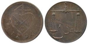 Copper 1 Pice or 4 Reas, 1794, bale mark on obv., scales on rev. (KM 193). Proof, Rare in 