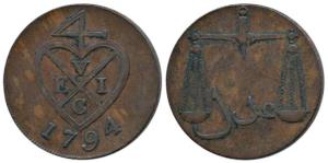 Copper 2 Pice or 8 Reas, 1794, bale mark on obv., scales on rev. (KM 196). About Extremely