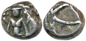 Silver Double Fanam, 1.83g, deity on obv., bead at left and right of interlocked C’s, No d