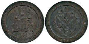 Copper Dub or 1/48 Rupee, 13.80g, 1794, coat of arms of the EIC on obv., bale mark on rev.