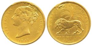 Victoria Queen, Gold Mohur, 1841, divided legend, WW incused on truncation (KM 462.1). Ex-