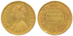 Victoria Queen, Gold Mohur, 1862, V in Jabot (Prid 6). Slight edge knocks, About Extremely