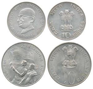 Silver Rupees 10 (2), 1969, Gandhiji Birth Centennial; 1972, 25th Anniversary Indian Indep