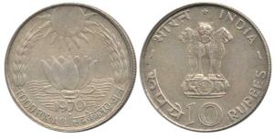 Silver Rupees 10, 1970, Bombay Mint, Food for All. Uncirculated.