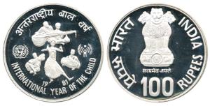 Silver Rupees 100, 1981, International Year of the Child, Bombay Mint. Proof, in plastic c