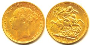 Australia, Victoria, Gold Sovereign, 8g, 1881, Young head, St. George slaying a dragon on 