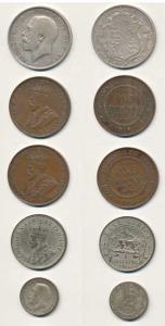 Australia, George V, Copper 1 Penny, 1919 and 1936; Great Britain Silver ½ Crown, 1915; Si