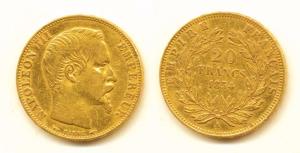 France, Napoleon III, Gold, 6.4 g, 20 Francs, 1860A (KM 781.1). Very Fine+.