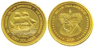 Galapagos Islands, Gold 100 Dolares, 8.55g, shield on obv., ship on rev., 2009. Uncirculat