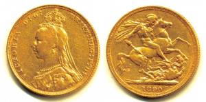 Great Britain, Victoria, Gold Sovereign, 8g, 1890, Jubilee head, St. George slaying a drag