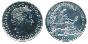 Great Britain, Elizabeth, Silver 2 Pounds, 1 ounce, 31.1g, Britannia and lion seated on re