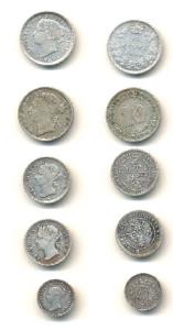 Hong Kong, Victoria Queen, Silver 5 Cents (2); Canada, Silver 10 Cents; Straits Settlement