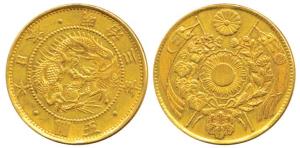 Japan, Gold 5 Yen, 8.28g, Year 3, 1870 AD, Decimal coinage (KM 11). Mount very neatly remo