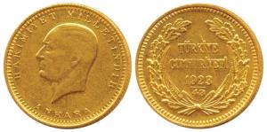 Turkey, Gold 100 Piasters, 7.14g, Ankara, 1923, .917 Fine (KM 102). Extremely Fine.