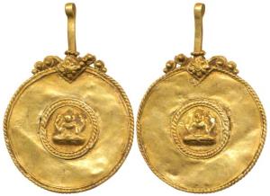 Vijaynagar, Gold Pendant, 4.64g, a seated female goddess holding objects in both hands on 