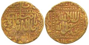 Gold Token, imitating the stylization of a Akbar Mohur, 10.86g, kalmia on obv. Very Fine.