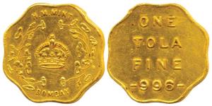 Bombay Mint, Token, Gold 1 Tola, H M Mint, crown within wreath and Bombay below on obv., 1