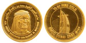 Dubai, ½ ounce Gold medallion, 16.9g, bust of Sheikh Mohammad bin Rashid al Maktoum, rev. 