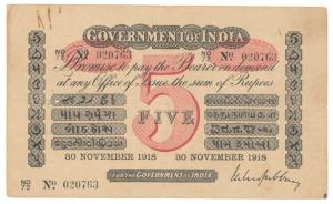 Government of India, Uniface, Rupees 5, red under print, signed M. M. S. Gubbay, 30 Novemb