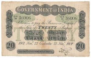 Government of India, Uniface, Rupees 20, green under print, Calcutta circle, signed A. F. 