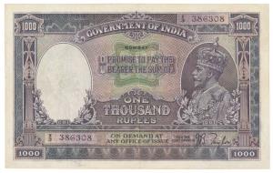 George V, Rupees 1000, 1931, Bombay circle of issue, signed J. B. Taylor, (J&R 11.1A). Ver