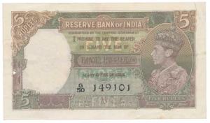 George VI, Rupees 5, 1st Issue, 1938, signed J. B. Taylor, (J&R 3.1). Very Fine.