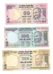 Rupees 50, 100 and 500, signed Y. V. Reddy and D. Subbarao, Serial No. 000786. Uncirculate