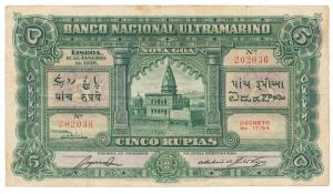 Portugese India Cinco (5) Rupias, Banco Nacional Ultramarino, 1938, (J&R 24.6). Very Fine+