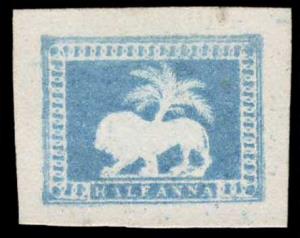 1853, Essay of the Lion and Palm Tree in light blue on card stock. Fine, Rare.