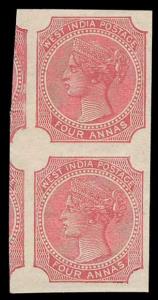 1854, Essay of Queen Victoria, 4a, WEST INDIA POSTAGE, Imperf Pair. Fine. (2)