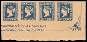1854, Lithograph ½ a., Die I, Strip of 4, very wide margins with inscription on lower marg