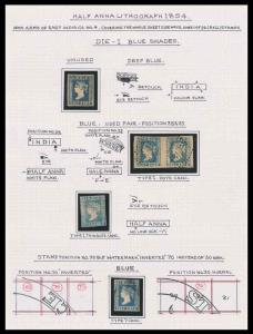 1854, Study of Lithographs, ½ a., Blue shades and varieties, including eye retouch, invert