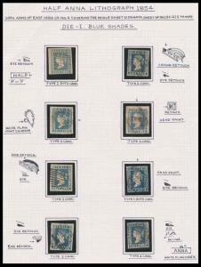 1854, Study of Lithographs, ½ a., Die I, 8 stamps mounted on exhibition sheet with Blue Sh