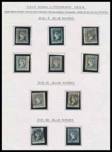 1854, Study of Lithographs, ½ a., mounted on exhibition sheet, showing Blue Shades and var