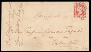 1854, Lithograph, 1 a. on cover used in 1855 to Calcutta tied by Diamond of dots cancellat