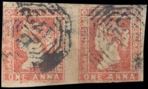 1854, Lithograph, 1 a. pair cancelled by Type 7, “B/172” Singapore cancel. Fine, Scarce.