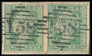 1854, Lithograph 2 a., Pale Green, pair cancelled with Type 5, numeral “158”, close cut to