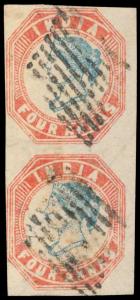 1854, Lithograph, 4a., Cut Square, used vertical pair, 1st printing, Head Die I, Frame Die