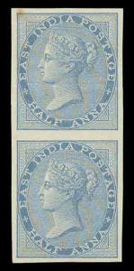 1856-64, Queen Victoria, ½ a., IMPERF vertical pair, SG 37a. Fine, Scarce. (2)