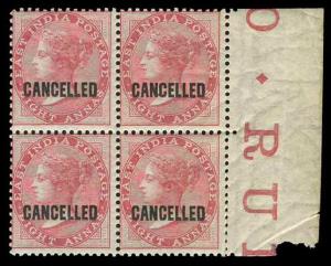 1868, Queen Victoria, 8 a., SG 73, specimen ovpt. CANCELLED, Block of 4, MNH. Fine, Scarce