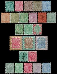 1882-95, Queen Victoria, complete set of 24 stamps from ½ a to 5Rs. Mint, Rare in this con