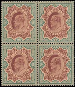 King Edward VII, 3 Rs., Block of 4, MNH, Yellow Gum. Fine, Scarce. (4)