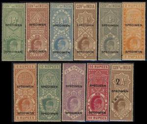 King Edward VII, Telegraph Stamps complete mint SPECIMEN set to 50r + 2a ovpt., Indian Gum