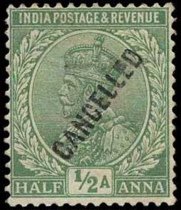 1911-22, King George V, ½ a. ovpt. CANCELLED diagonally. Fine, Very Scarce.