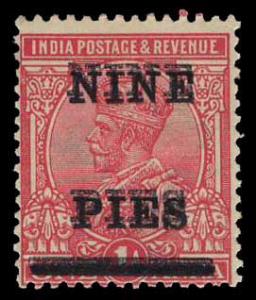 1921, King George V, 1a., rose and carmine, error of optd. twice NINE PIES surcharge, SG 1