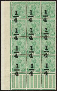 1922, King George V, ¼ optd. on ½ a., block of 12 with gutter, the ¼ optd. has shifted cau