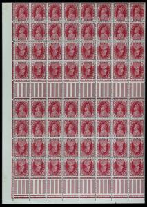 1937, King George VI, 1 a., carmine, SG 250a, block of 64 stamps, with 16 pairs of tête-bê