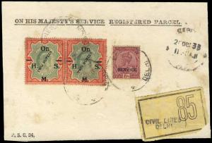 1933, On His Majesty’s Service Registered Parcel card bearing 1925, Edward 2r on 10r pair 