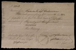1855, Bullock Train receipt No. 3203 dated 27th April ’55 for three packages weighing 12 m